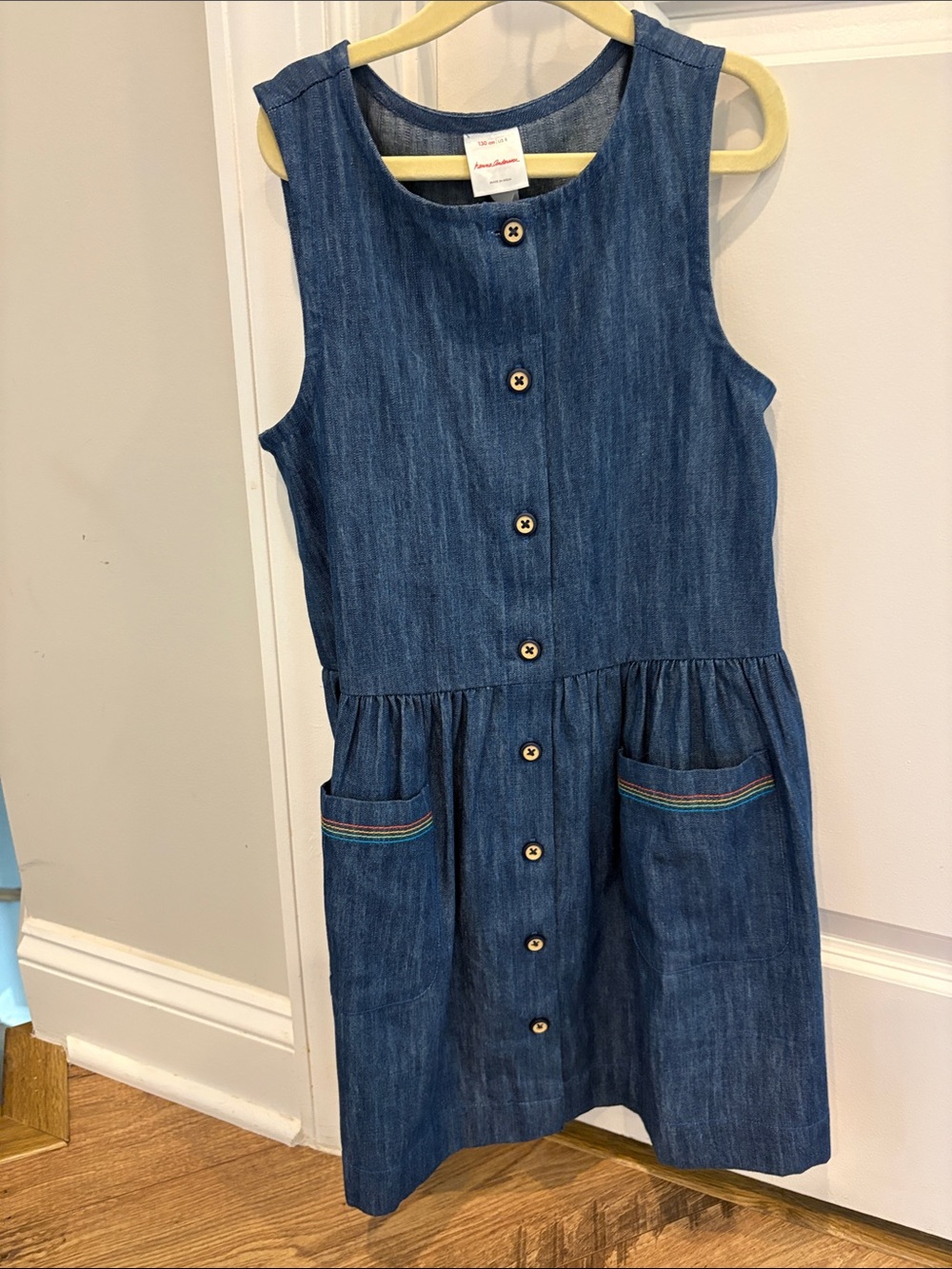 Hanna Anderson Girls' Sleeveless Denim Button-Front Dress with Pockets